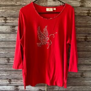 Quacker Factory Women's Long-Sleeved Top Size L Red Embellished Dove NWT